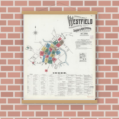 Old map wall art mockup — magnetic wood frame on brick wall — Sanborn Fire Insurance Map from Westfield, Hampden County, Massachusetts (1905), Sheet #0001