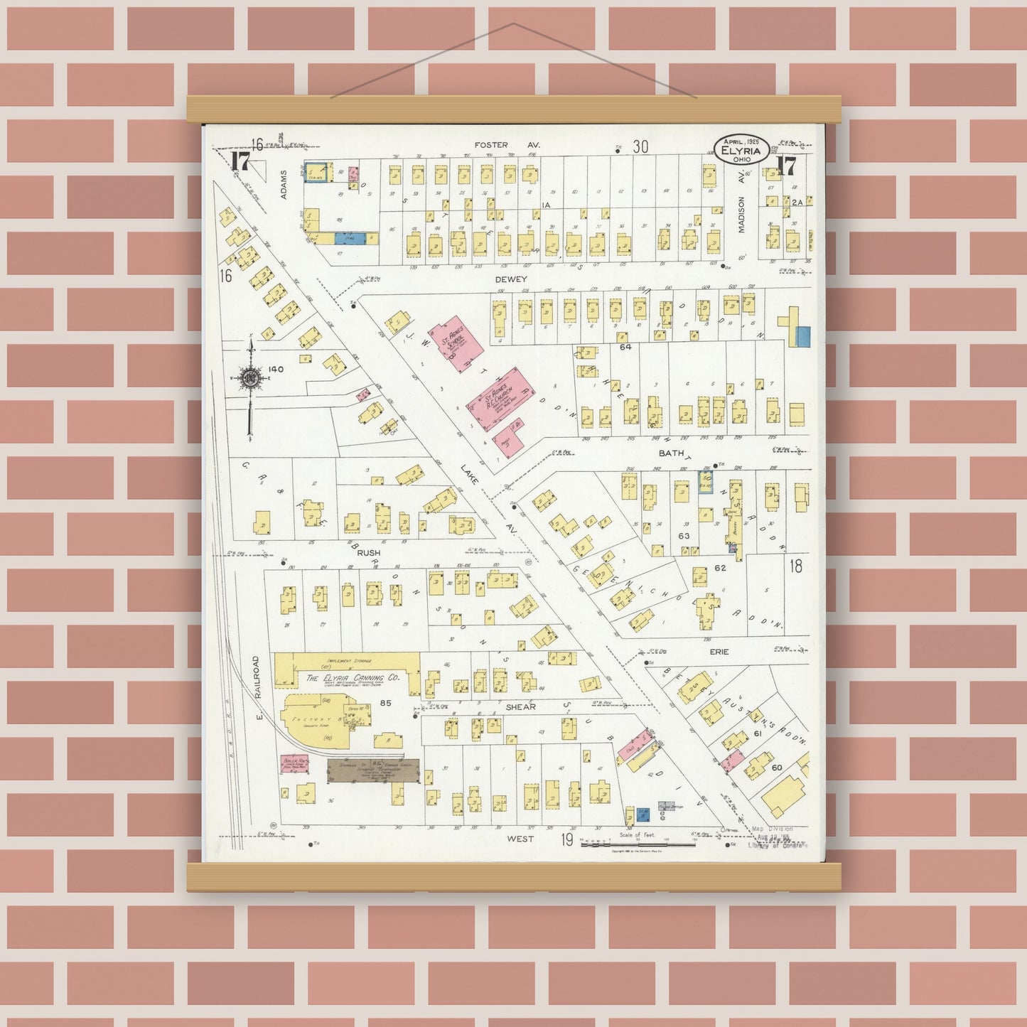 Old map wall art mockup — magnetic wood frame on brick wall — Sanborn Fire Insurance Map from Elyria, Lorain County, Ohio (1925), Sheet #0017