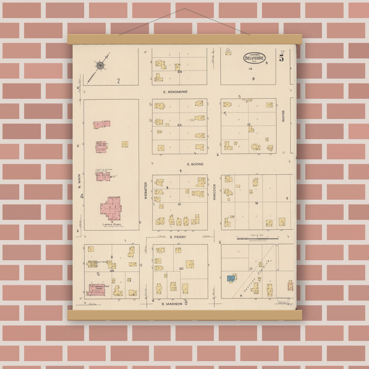 Old map wall art mockup — magnetic wood frame on brick wall — Sanborn Fire Insurance Map from Belvidere, Boone County, Illinois (1922), Sheet #0005