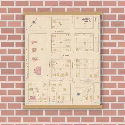 Old map wall art mockup — magnetic wood frame on brick wall — Sanborn Fire Insurance Map from Belvidere, Boone County, Illinois (1922), Sheet #0005