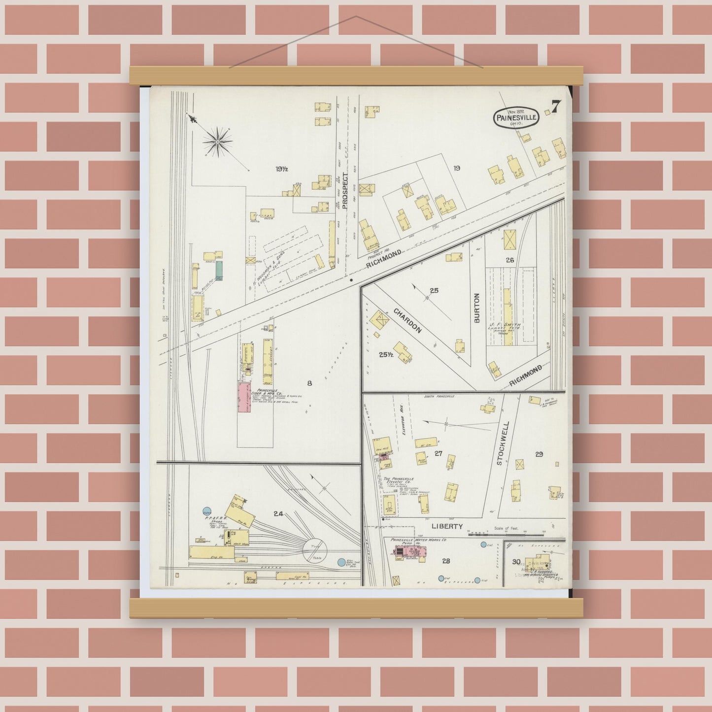 Old map wall art mockup — magnetic wood frame on brick wall — Sanborn Fire Insurance Map from Painesville, Lake County, Ohio (1892), Sheet #0007
