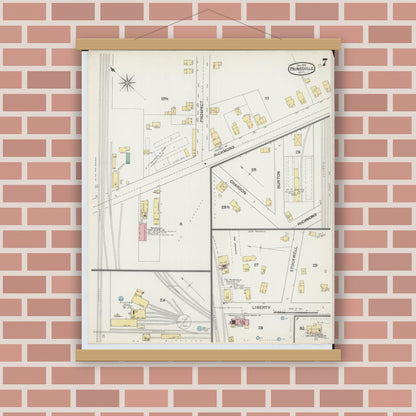 Old map wall art mockup — magnetic wood frame on brick wall — Sanborn Fire Insurance Map from Painesville, Lake County, Ohio (1892), Sheet #0007
