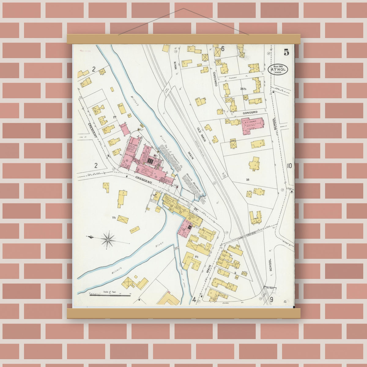 Old map wall art mockup — magnetic wood frame on brick wall — Sanborn Fire Insurance Map from Athol, Worcester County, Massachusetts (1905), Sheet #0005