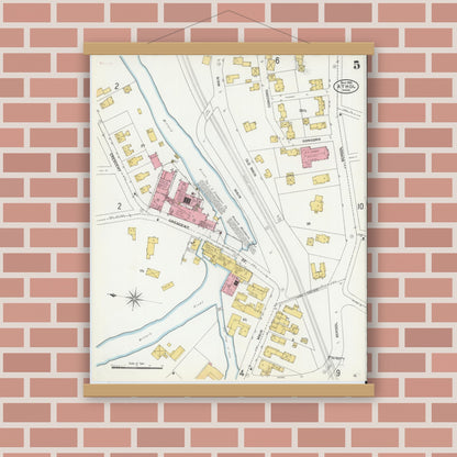 Old map wall art mockup — magnetic wood frame on brick wall — Sanborn Fire Insurance Map from Athol, Worcester County, Massachusetts (1905), Sheet #0005
