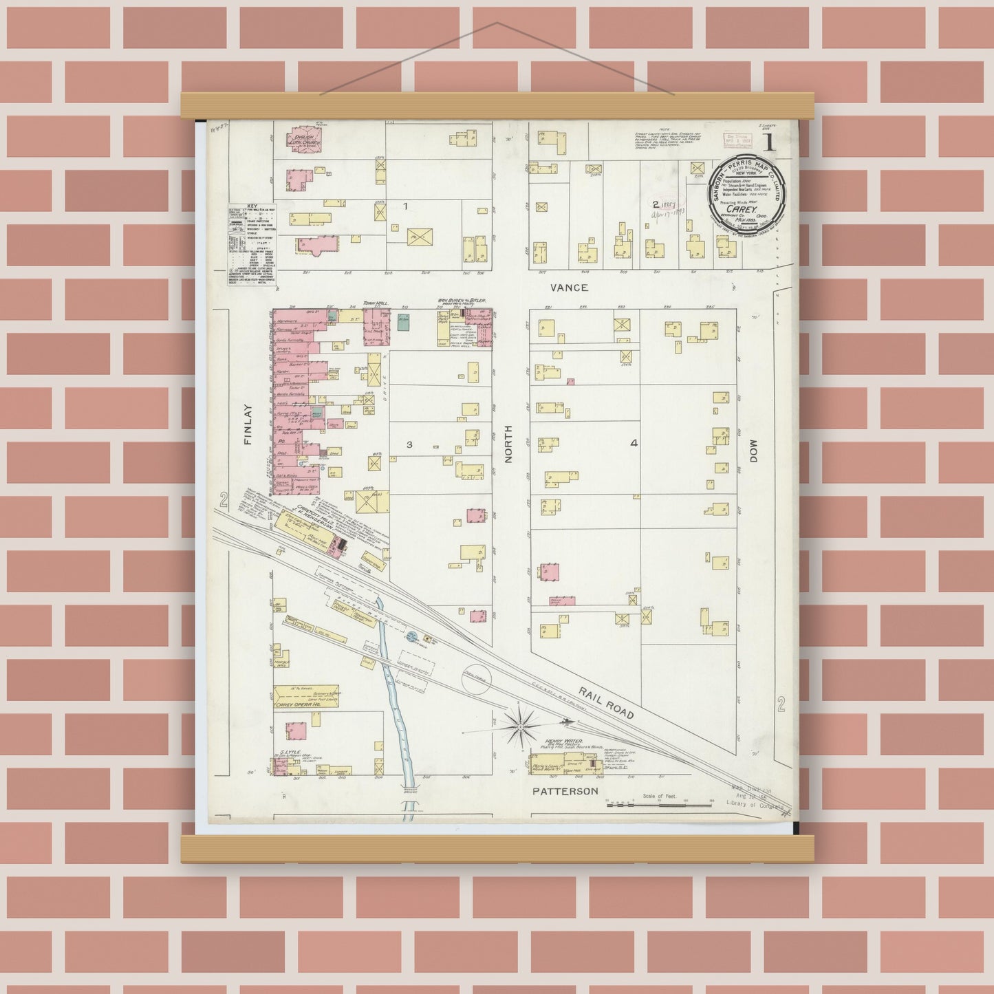 Old map wall art mockup — magnetic wood frame on brick wall — Sanborn Fire Insurance Map from Carey, Wyandot County, Ohio (1893), Sheet #0001