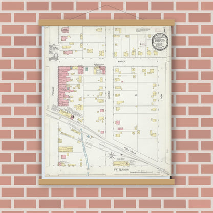 Old map wall art mockup — magnetic wood frame on brick wall — Sanborn Fire Insurance Map from Carey, Wyandot County, Ohio (1893), Sheet #0001