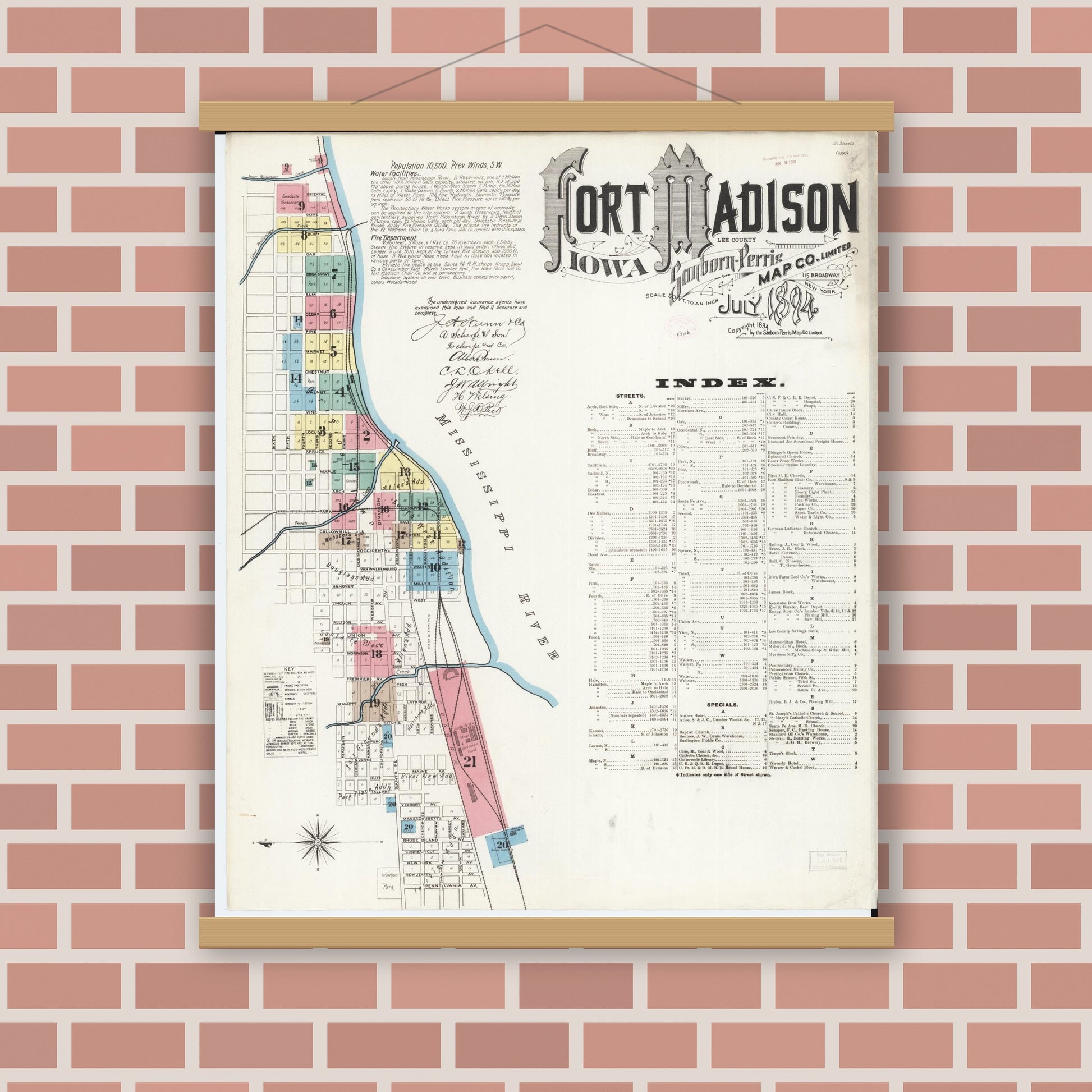 Old map wall art mockup — magnetic wood frame on brick wall — Sanborn Fire Insurance Map from Fort Madison, Lee County, Iowa (1894) â€” Complete Set