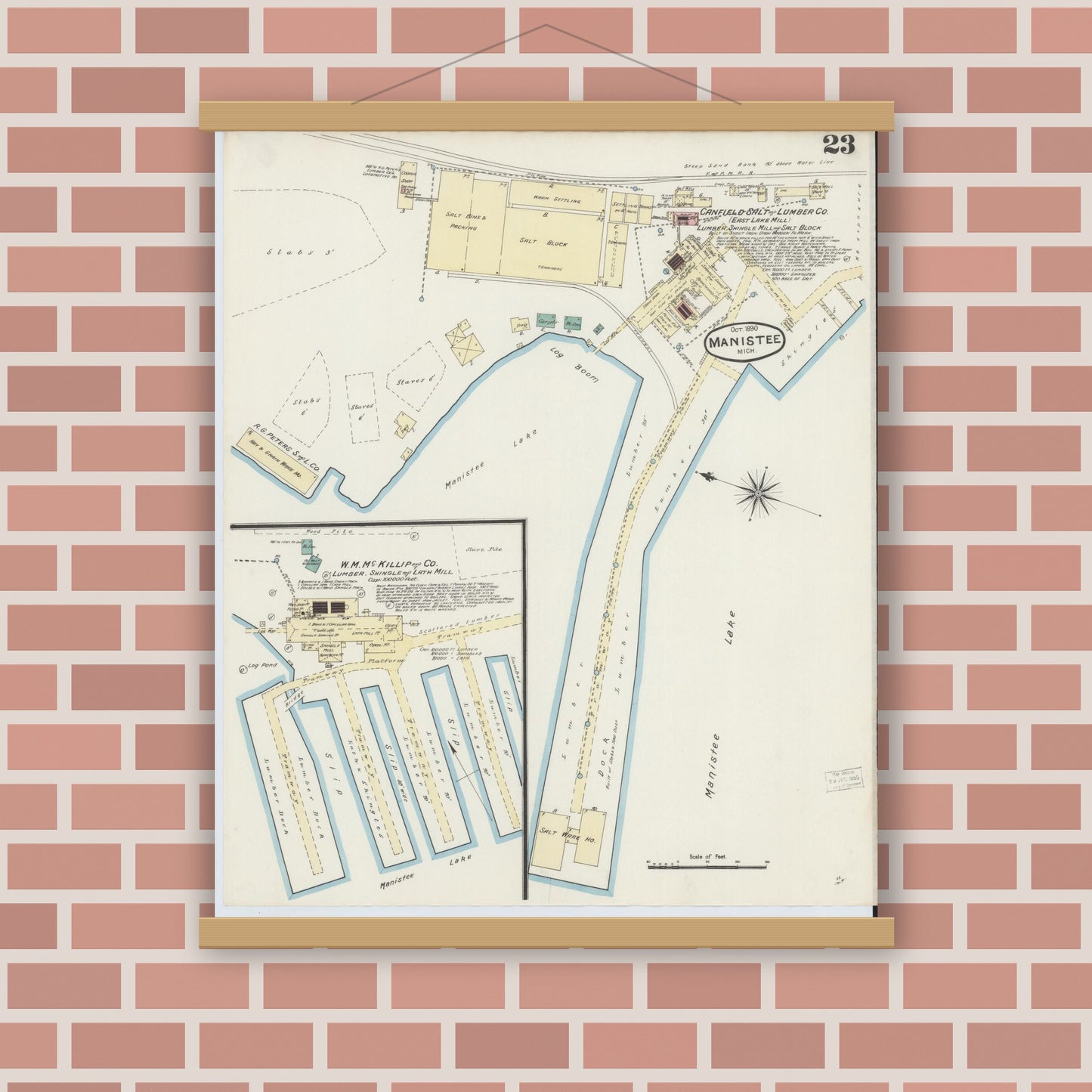 Old map wall art mockup — magnetic wood frame on brick wall — Sanborn Fire Insurance Map from Manistee, Manistee County, Michigan (1890), Sheet #0023
