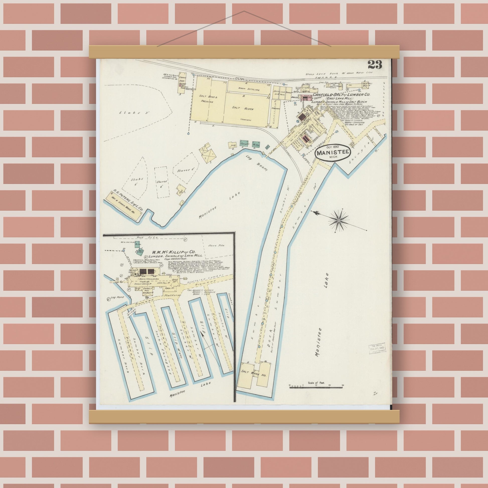 Old map wall art mockup — magnetic wood frame on brick wall — Sanborn Fire Insurance Map from Manistee, Manistee County, Michigan (1890), Sheet #0023