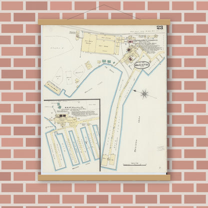 Old map wall art mockup — magnetic wood frame on brick wall — Sanborn Fire Insurance Map from Manistee, Manistee County, Michigan (1890), Sheet #0023