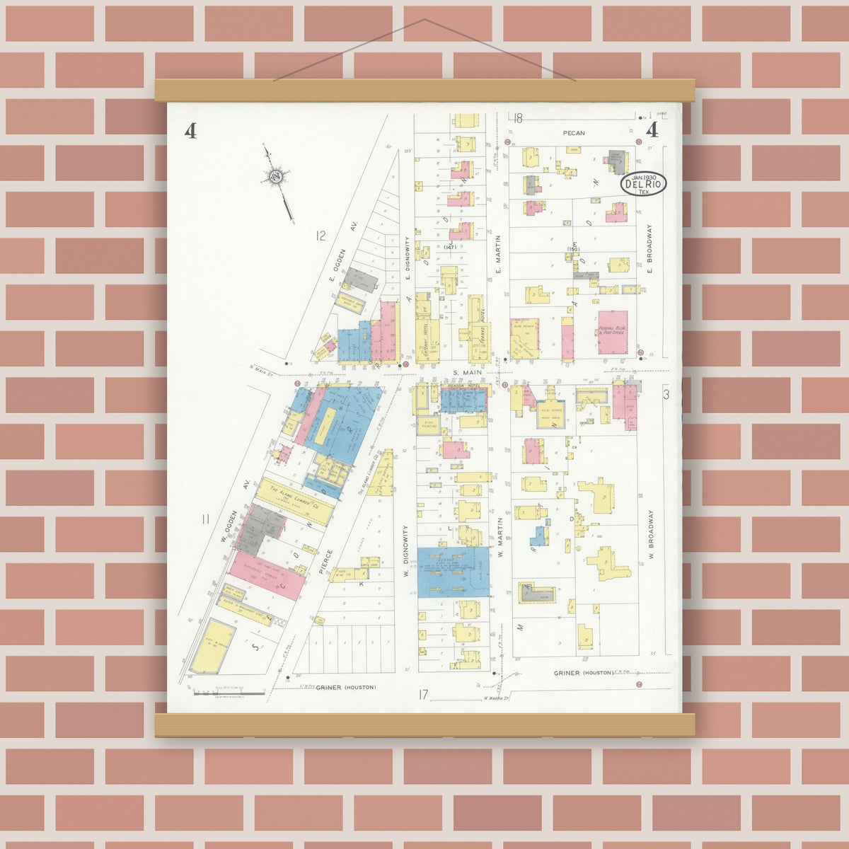 Old map wall art mockup — magnetic wood frame on brick wall — Sanborn Fire Insurance Map from Del Rio, Val Verde County, Texas (1930), Sheet #0004