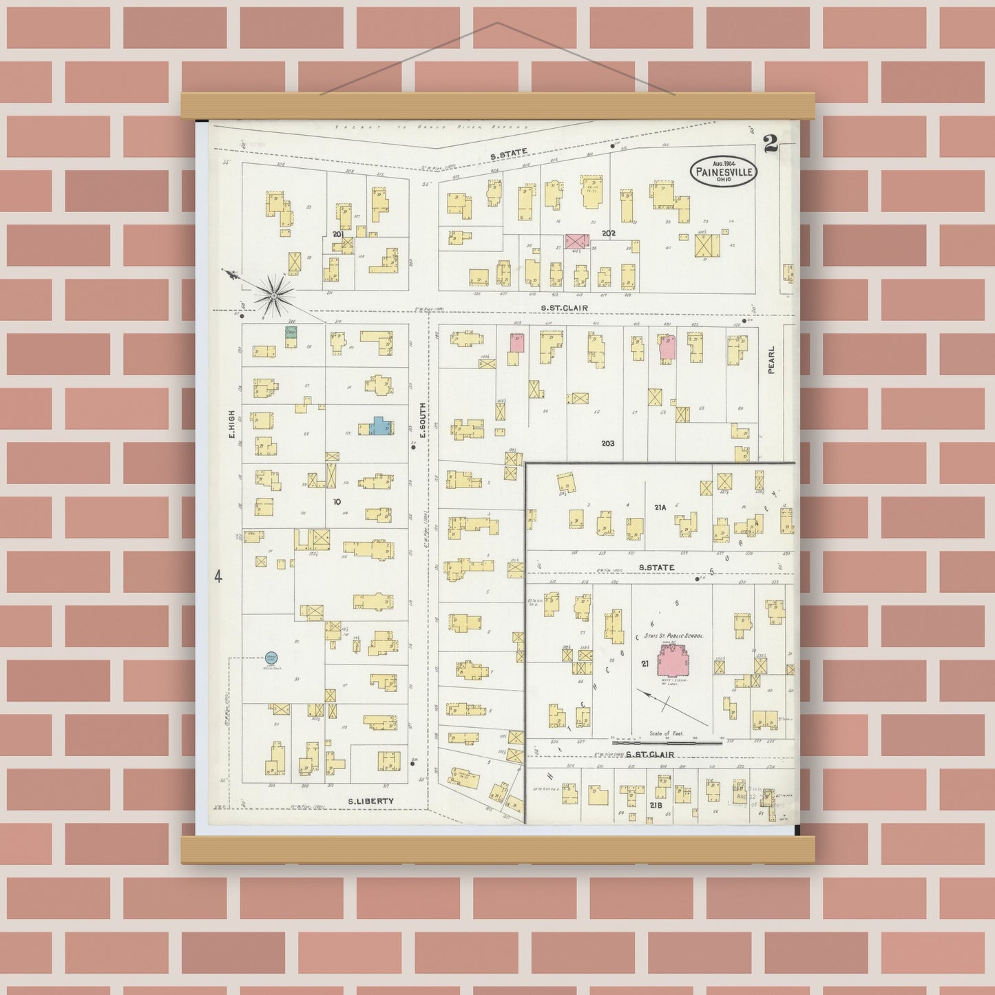 Old map wall art mockup — magnetic wood frame on brick wall — Sanborn Fire Insurance Map from Painesville, Lake County, Ohio (1904), Sheet #0002
