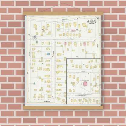 Old map wall art mockup — magnetic wood frame on brick wall — Sanborn Fire Insurance Map from Painesville, Lake County, Ohio (1904), Sheet #0002