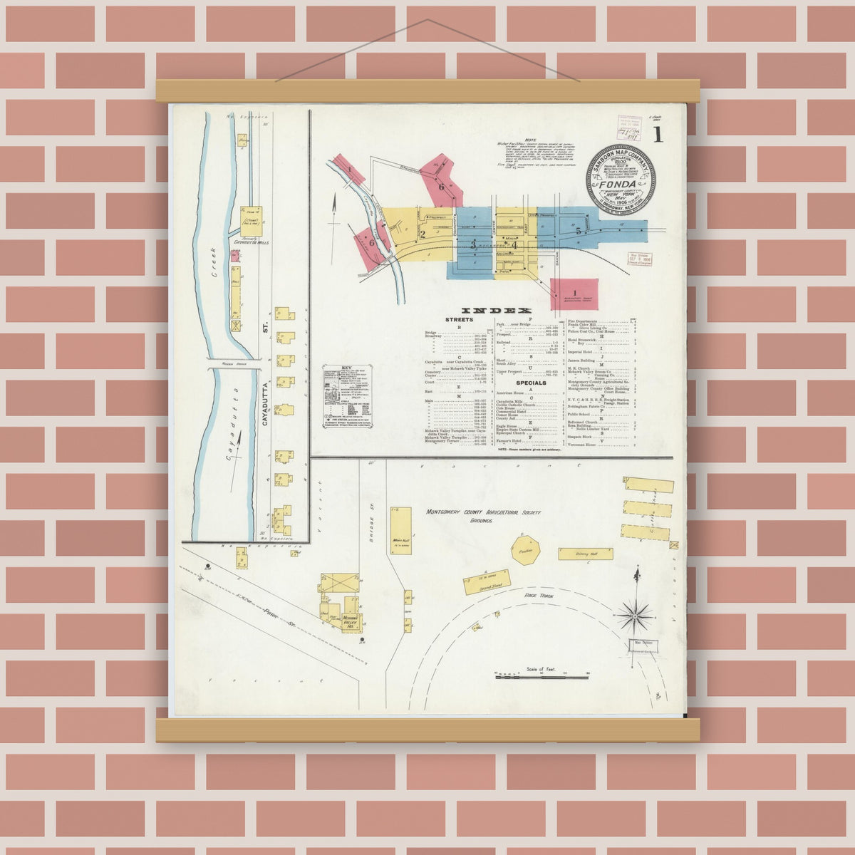 Old map wall art mockup — magnetic wood frame on brick wall — Sanborn Fire Insurance Map from Fonda, Montgomery County, New York (1906) - Complete Map Set