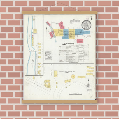 Old map wall art mockup — magnetic wood frame on brick wall — Sanborn Fire Insurance Map from Fonda, Montgomery County, New York (1906) - Complete Map Set
