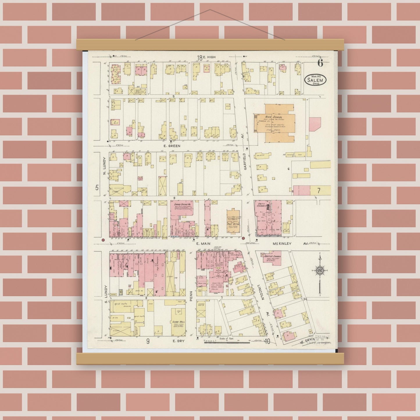 Old map wall art mockup — magnetic wood frame on brick wall — Sanborn Fire Insurance Map from Salem, Columbiana County, Ohio (1915), Sheet #0006