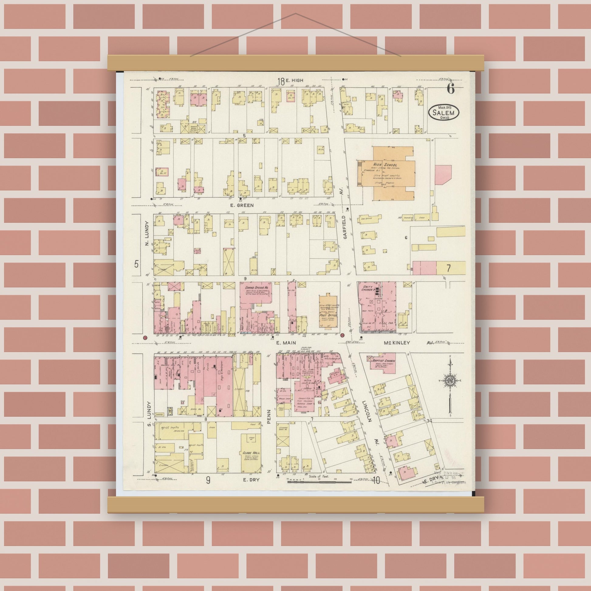 Old map wall art mockup — magnetic wood frame on brick wall — Sanborn Fire Insurance Map from Salem, Columbiana County, Ohio (1915), Sheet #0006