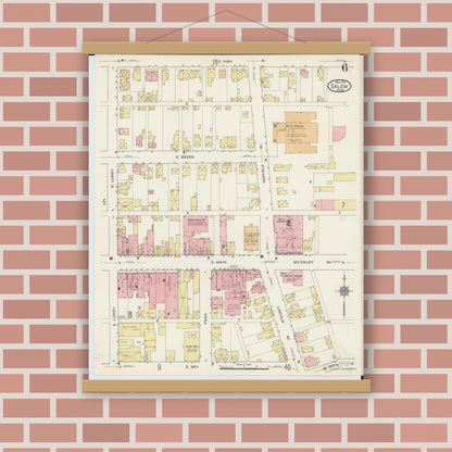 Old map wall art mockup — magnetic wood frame on brick wall — Sanborn Fire Insurance Map from Salem, Columbiana County, Ohio (1915), Sheet #0006