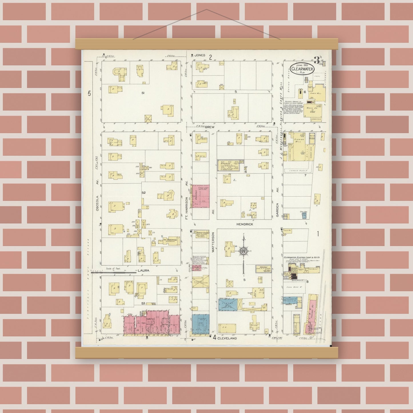 Old map wall art mockup — magnetic wood frame on brick wall — Sanborn Fire Insurance Map from Clearwater, Pinellas County, Florida (1913), Sheet #0003