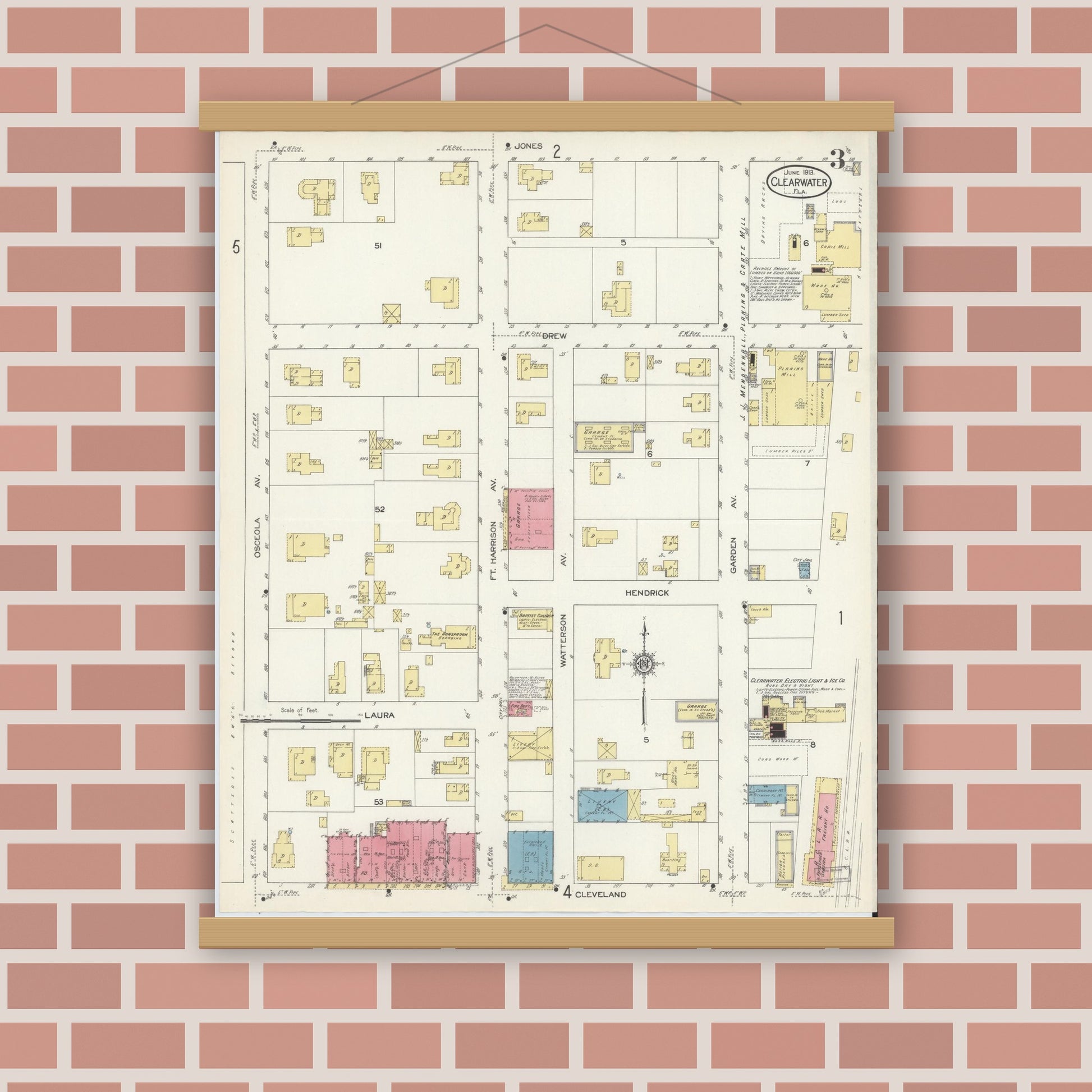 Old map wall art mockup — magnetic wood frame on brick wall — Sanborn Fire Insurance Map from Clearwater, Pinellas County, Florida (1913), Sheet #0003
