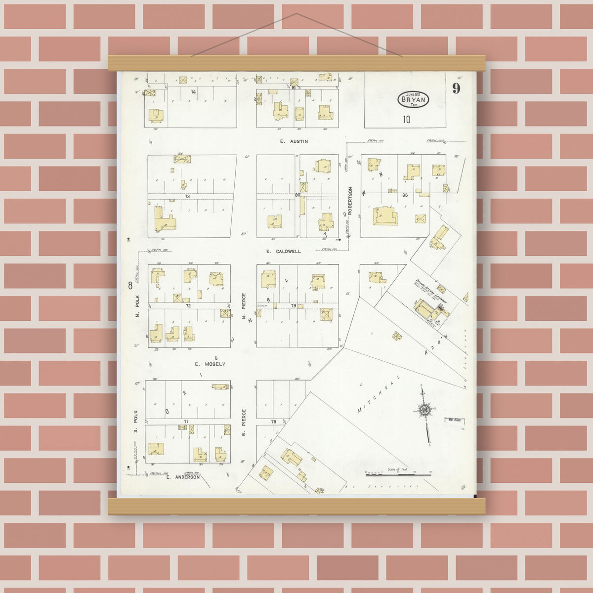 Old map wall art mockup — magnetic wood frame on brick wall — Sanborn Fire Insurance Map from Bryan, Brazos County, Texas (1912), Sheet #0009