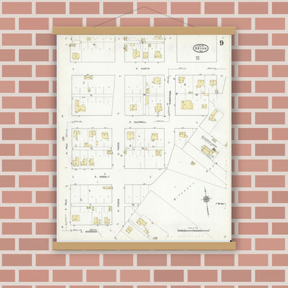 Old map wall art mockup — magnetic wood frame on brick wall — Sanborn Fire Insurance Map from Bryan, Brazos County, Texas (1912), Sheet #0009