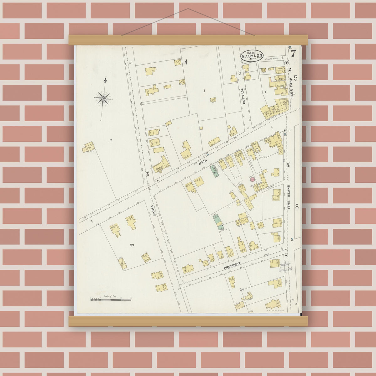 Old map wall art mockup — magnetic wood frame on brick wall — Sanborn Fire Insurance Map from Babylon, Suffolk County, New York (1897), Sheet #0007