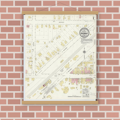 Old map wall art mockup — magnetic wood frame on brick wall — Sanborn Fire Insurance Map from Greenwich, Huron County, Ohio (1911), Sheet #0001