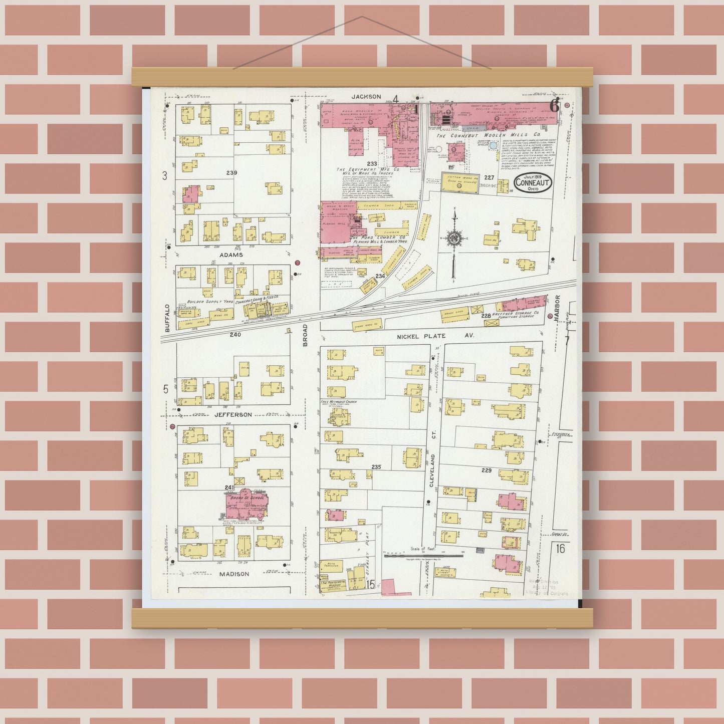 Old map wall art mockup — magnetic wood frame on brick wall — Sanborn Fire Insurance Map from Conneaut, Ashtabula County, Ohio (1919), Sheet #0006