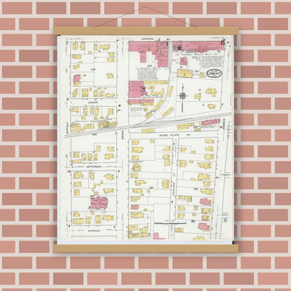 Old map wall art mockup — magnetic wood frame on brick wall — Sanborn Fire Insurance Map from Conneaut, Ashtabula County, Ohio (1919), Sheet #0006