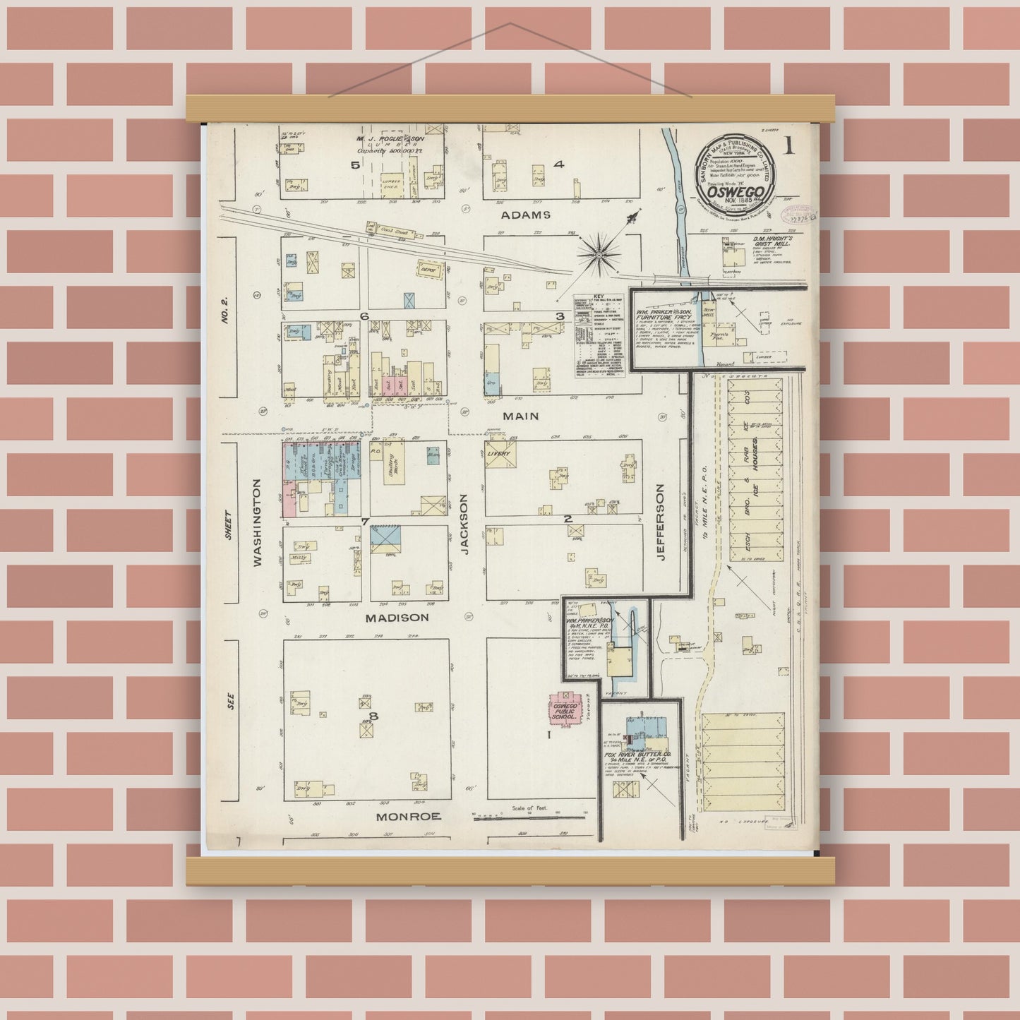 Old map wall art mockup — magnetic wood frame on brick wall — Sanborn Fire Insurance Map from Oswego, Kendall County, Illinois (1885) - Complete Map Set