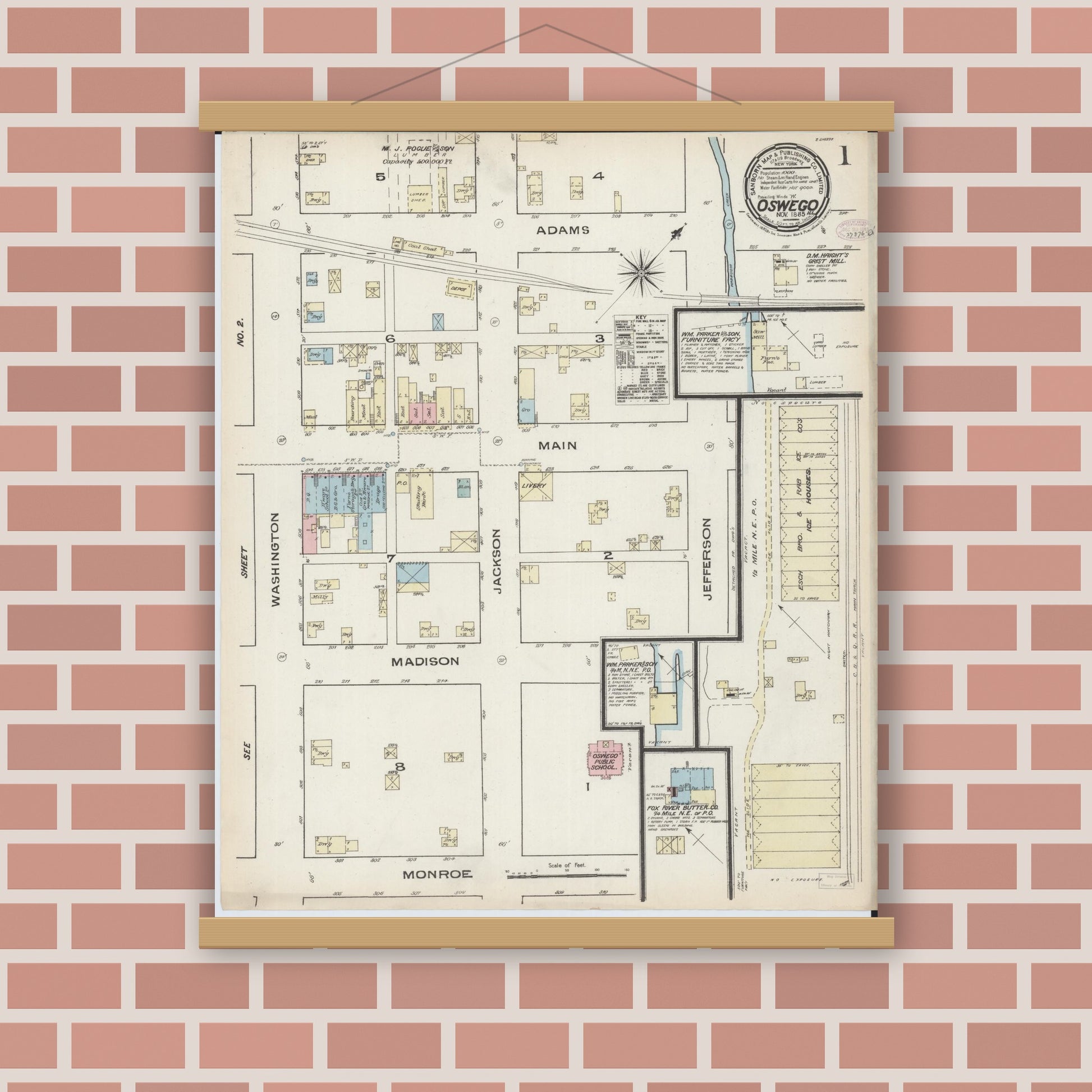 Old map wall art mockup — magnetic wood frame on brick wall — Sanborn Fire Insurance Map from Oswego, Kendall County, Illinois (1885) - Complete Map Set