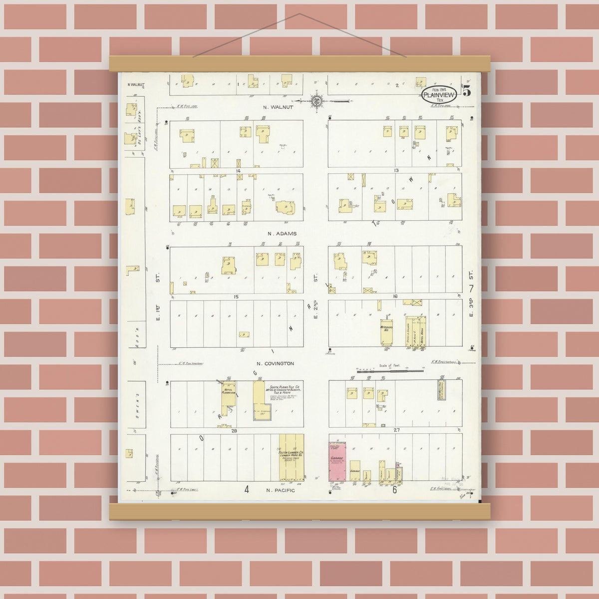 Old map wall art mockup — magnetic wood frame on brick wall — Sanborn Fire Insurance Map from Plainview, Hale County, Texas (1914), Sheet #0005