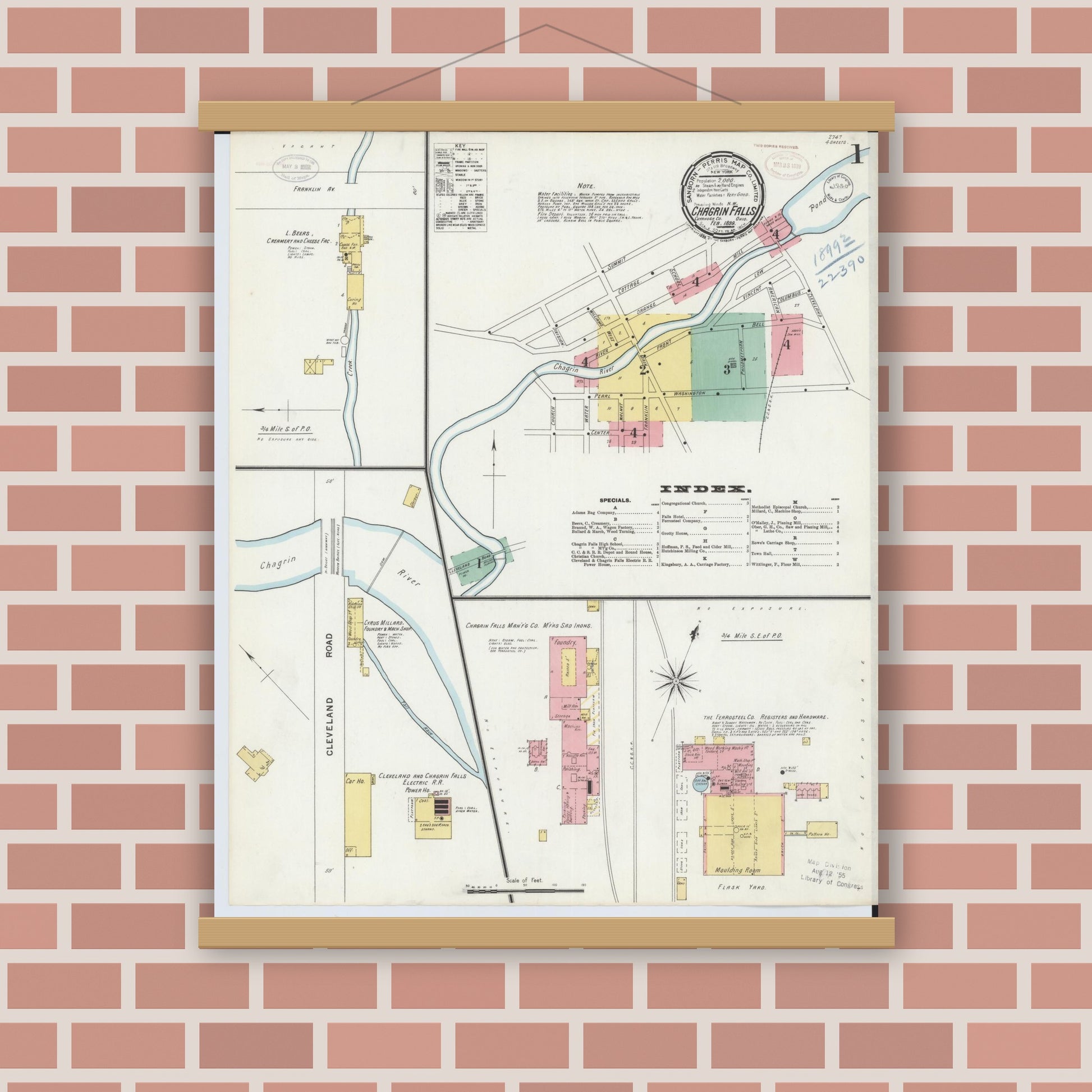 Old map wall art mockup — magnetic wood frame on brick wall — Sanborn Fire Insurance Map from Chagrin Falls, Cuyahoga County, Ohio (1899) - Complete Map Set