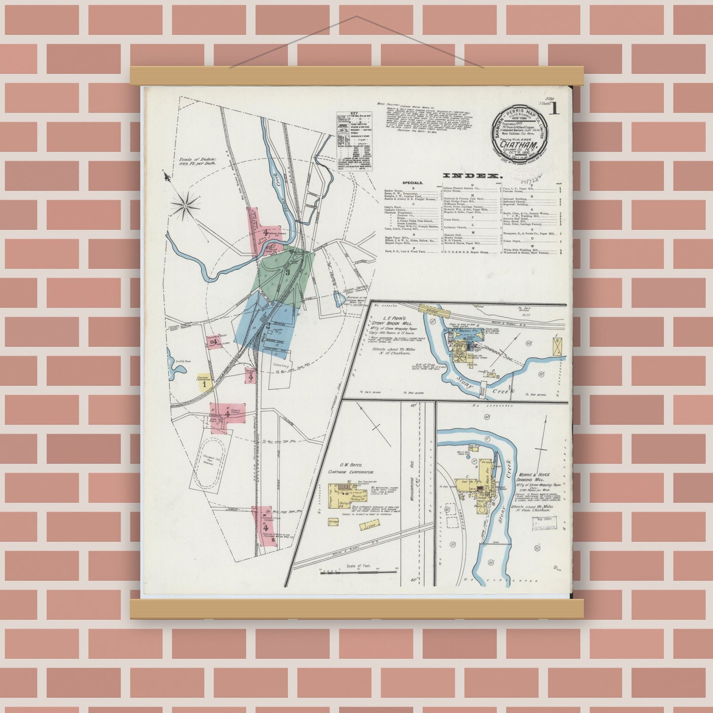Old map wall art mockup — magnetic wood frame on brick wall — Sanborn Fire Insurance Map from Chatham, Columbia County, New York (1892) - Complete Map Set