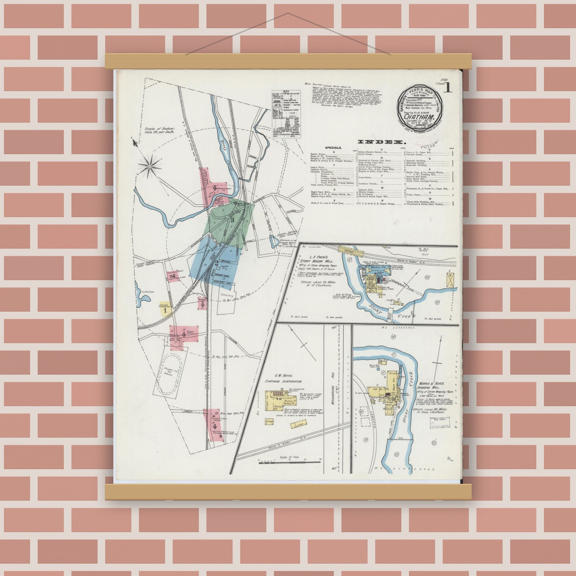 Old map wall art mockup — magnetic wood frame on brick wall — Sanborn Fire Insurance Map from Chatham, Columbia County, New York (1892) - Complete Map Set