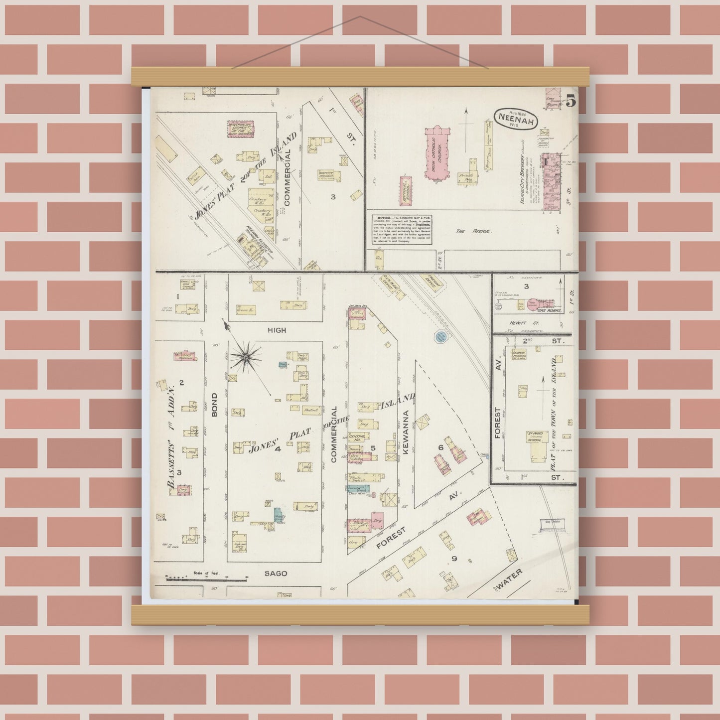 Old map wall art mockup — magnetic wood frame on brick wall — Sanborn Fire Insurance Map from Neenah, Winnebago County, Wisconsin (1884), Sheet #0005