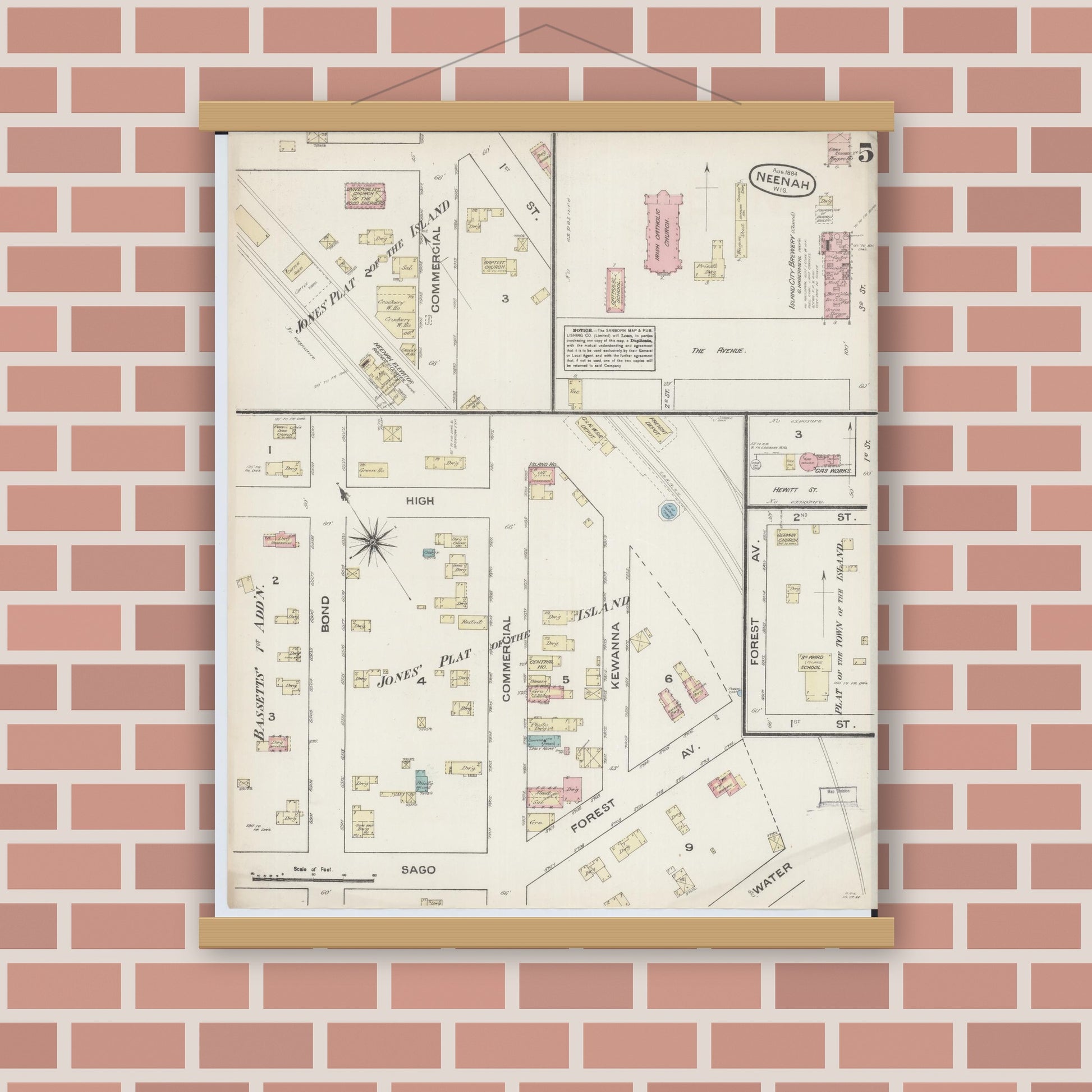 Old map wall art mockup — magnetic wood frame on brick wall — Sanborn Fire Insurance Map from Neenah, Winnebago County, Wisconsin (1884), Sheet #0005