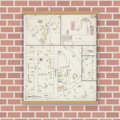 Old map wall art mockup — magnetic wood frame on brick wall — Sanborn Fire Insurance Map from Neenah, Winnebago County, Wisconsin (1884), Sheet #0005