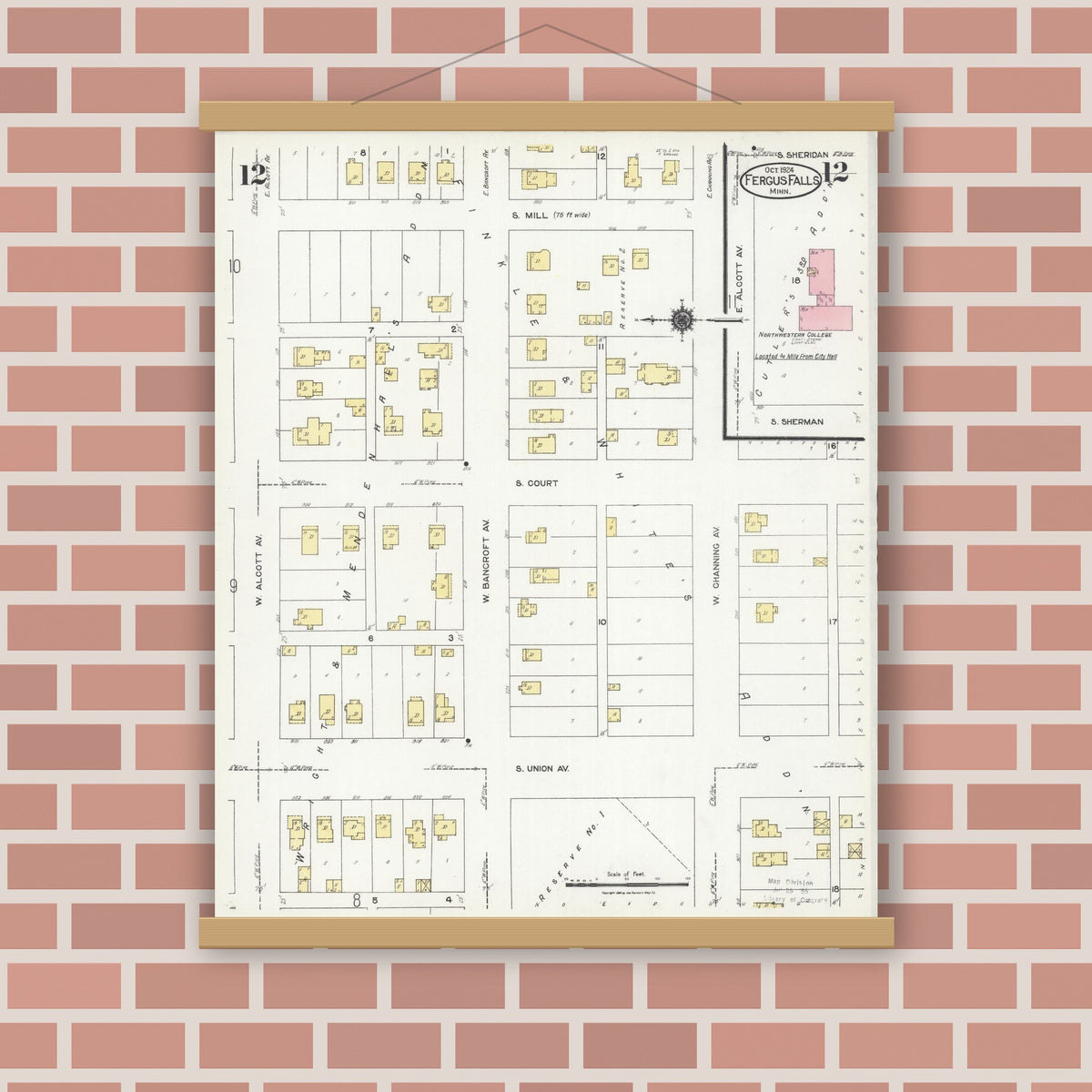 Old map wall art mockup — magnetic wood frame on brick wall — Sanborn Fire Insurance Map from Fergus Falls, Otter Tail County, Minnesota (1924), Sheet #0012