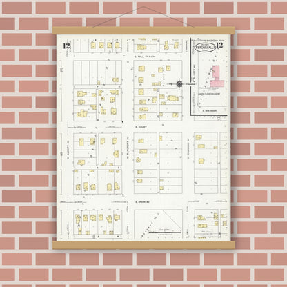 Old map wall art mockup — magnetic wood frame on brick wall — Sanborn Fire Insurance Map from Fergus Falls, Otter Tail County, Minnesota (1924), Sheet #0012