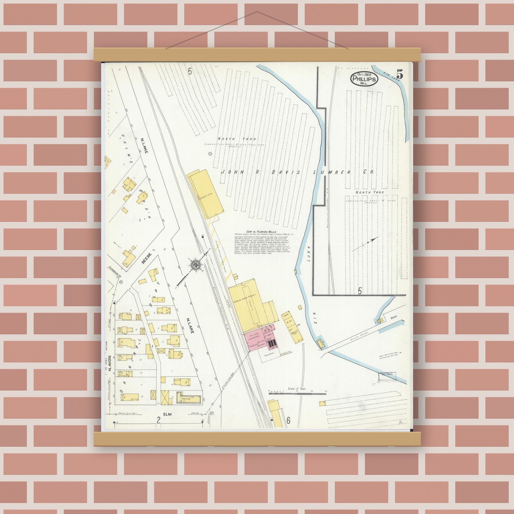 Old map wall art mockup — magnetic wood frame on brick wall — Sanborn Fire Insurance Map from Phillips, Price County, Wisconsin (1909), Sheet #0005