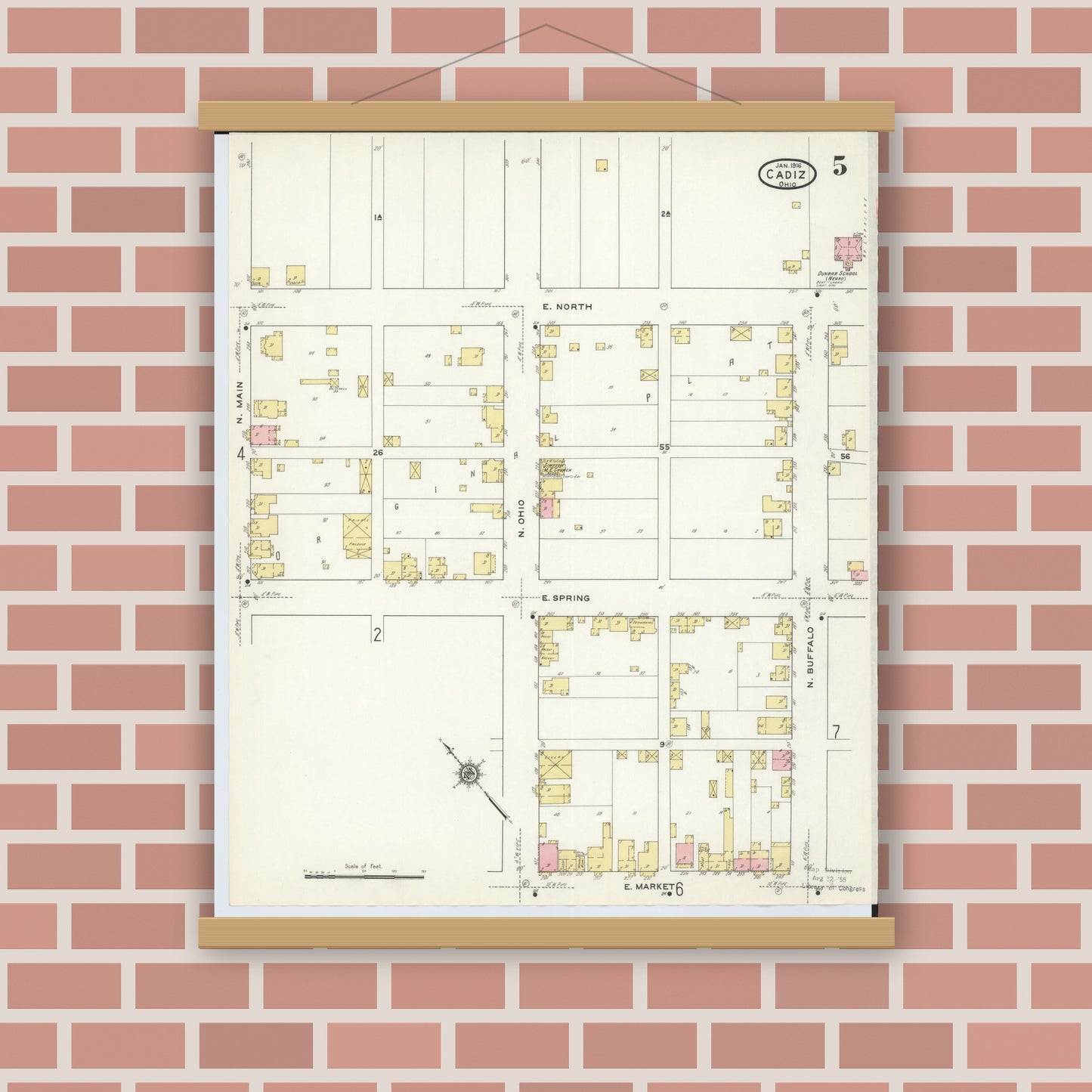 Old map wall art mockup — magnetic wood frame on brick wall — Sanborn Fire Insurance Map from Cadiz, Harrison County, Ohio (1916), Sheet #0005