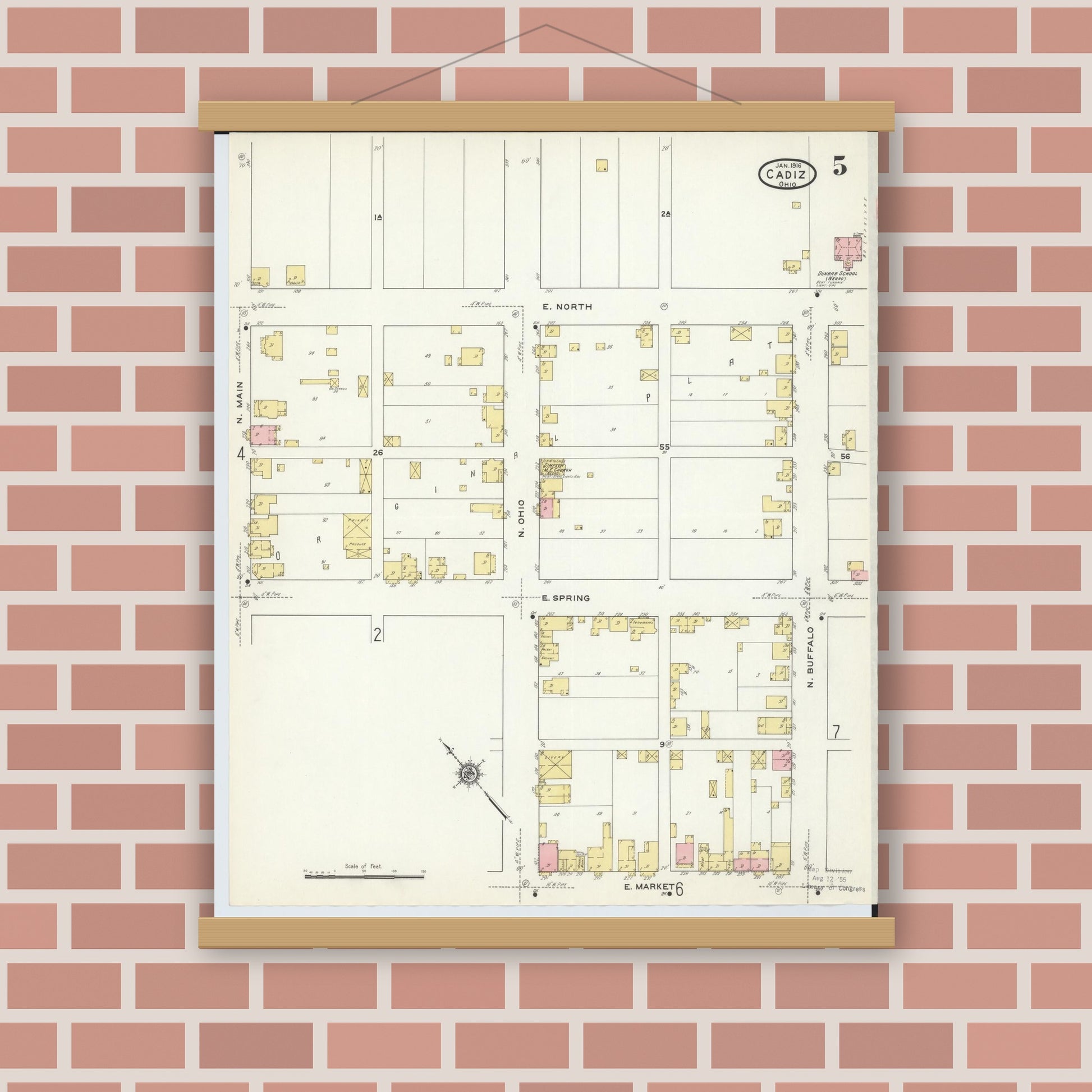 Old map wall art mockup — magnetic wood frame on brick wall — Sanborn Fire Insurance Map from Cadiz, Harrison County, Ohio (1916), Sheet #0005