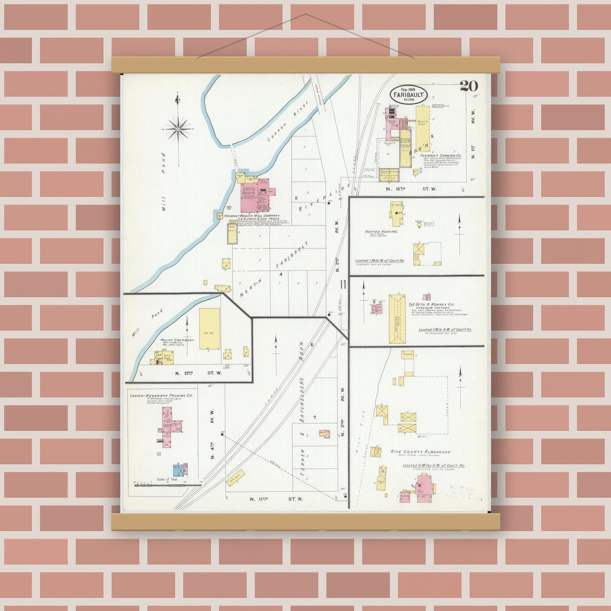 Old map wall art mockup — magnetic wood frame on brick wall — Sanborn Fire Insurance Map from Faribault, Rice County, Minnesota (1909), Sheet #0020