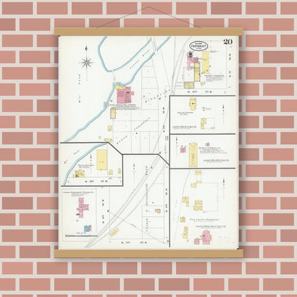 Old map wall art mockup — magnetic wood frame on brick wall — Sanborn Fire Insurance Map from Faribault, Rice County, Minnesota (1909), Sheet #0020