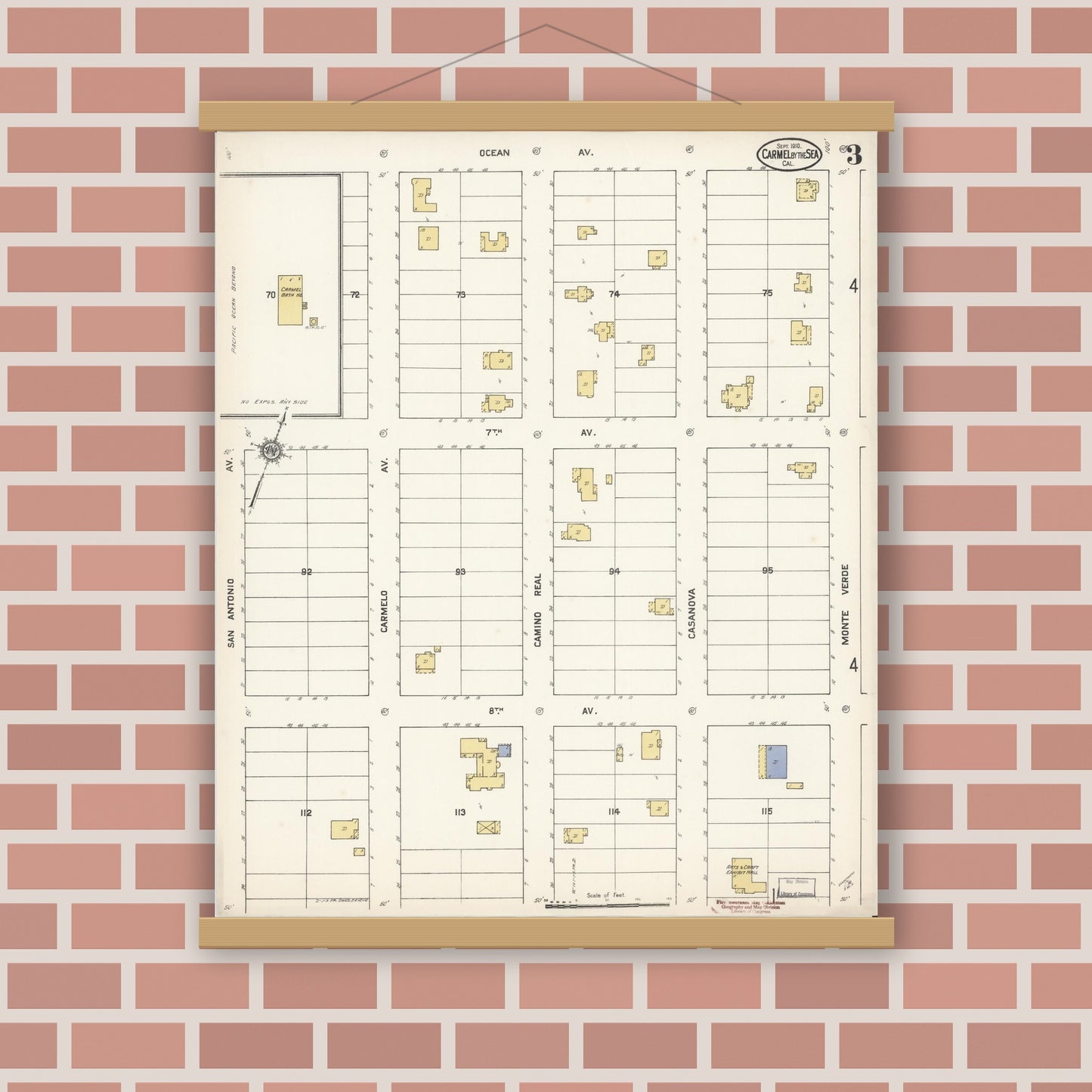 Old map wall art mockup — magnetic wood frame on brick wall — Sanborn Fire Insurance Map from Carmel By The Sea, Monterey County, California (1910), Sheet #0003