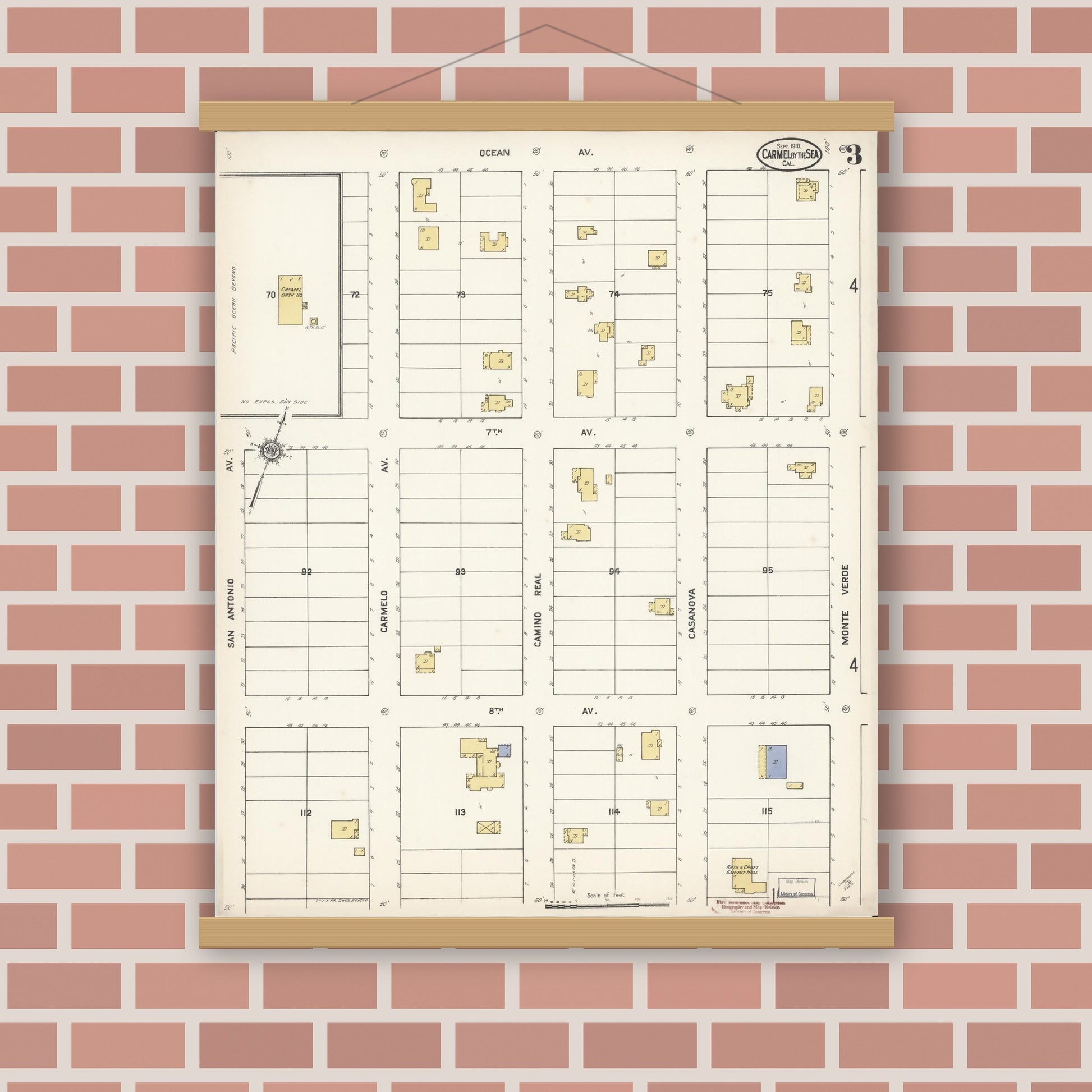 Old map wall art mockup — magnetic wood frame on brick wall — Sanborn Fire Insurance Map from Carmel By The Sea, Monterey County, California (1910), Sheet #0003