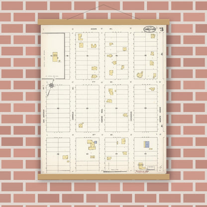 Old map wall art mockup — magnetic wood frame on brick wall — Sanborn Fire Insurance Map from Carmel By The Sea, Monterey County, California (1910), Sheet #0003