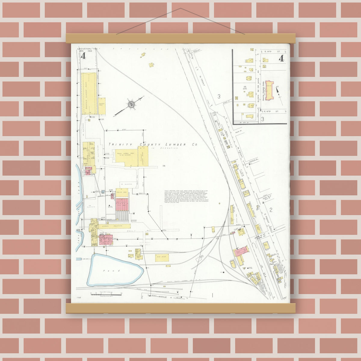 Old map wall art mockup — magnetic wood frame on brick wall — Sanborn Fire Insurance Map from Groveton, Trinity County, Texas (1933), Sheet #0004